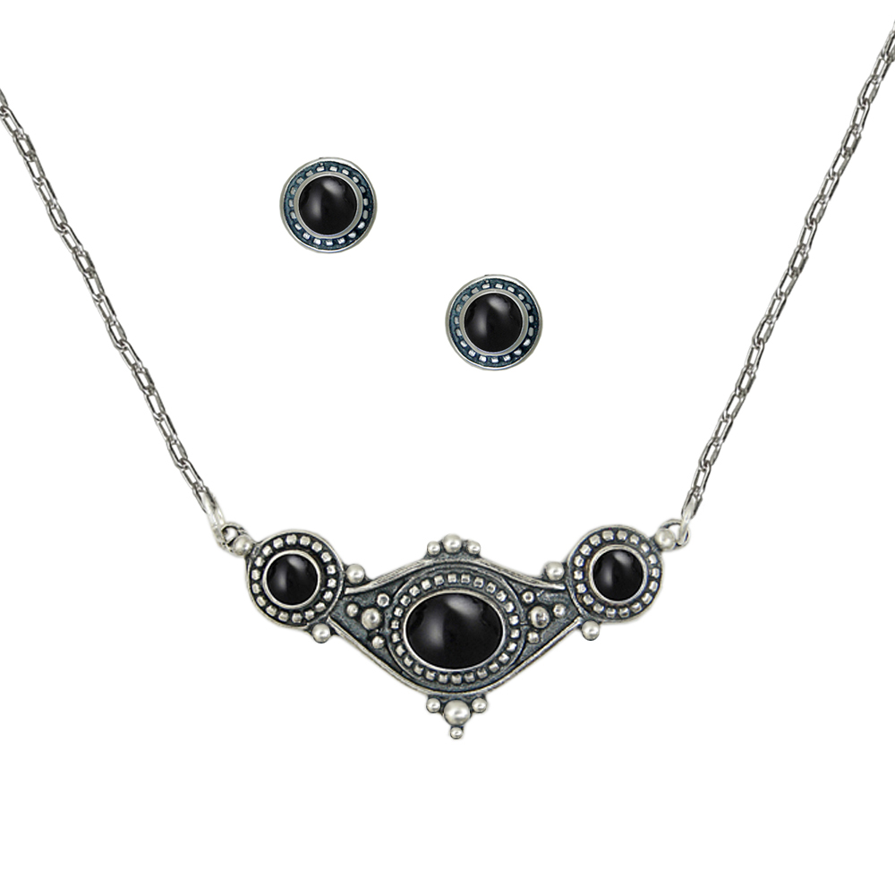 Sterling Silver Designer Necklace Earrings Set in Black Onyx
